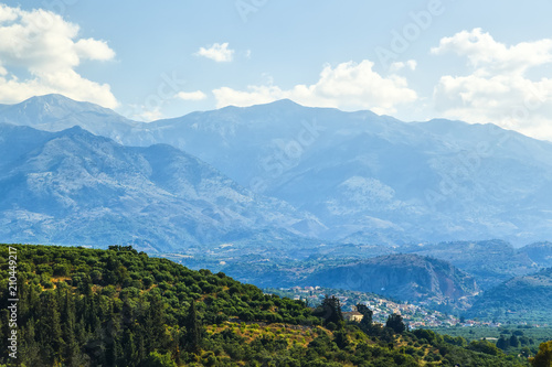 Green hills and mountains on the Greek island of Crete in Chania region on a beautiful sunny day