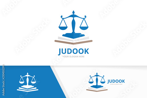 Vector libra and open book logo combination. Scales and bookstore symbol or icon. Unique law and library logotype design template.