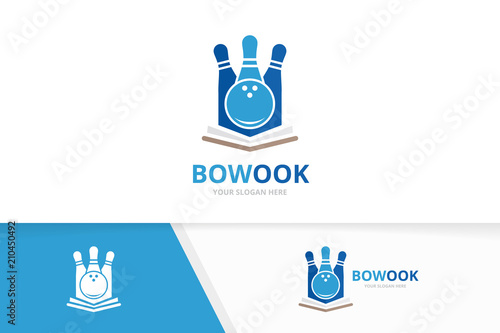 Vector bowling and open book logo combination. Game and bookstore symbol or icon. Unique kegling and library logotype design template.