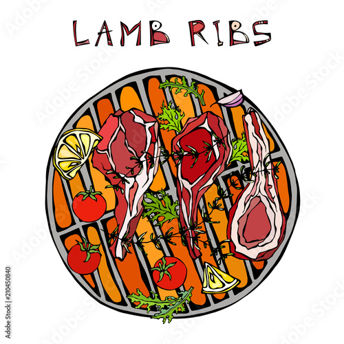 Lamb Ribs Chops with Herbs, Lemon, Tomato, Parsley, Thyme, Pepper. On a Round Grill BBQ. Meat Guide for Butcher Shop or Steak House Restaurant Menu. Hand Drawn Illustration. Doodle Style.