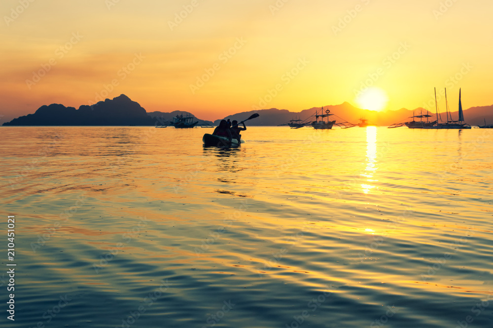 Sunset at the sea. Philippine boats at sea, Boracay, El Nido, Philippines