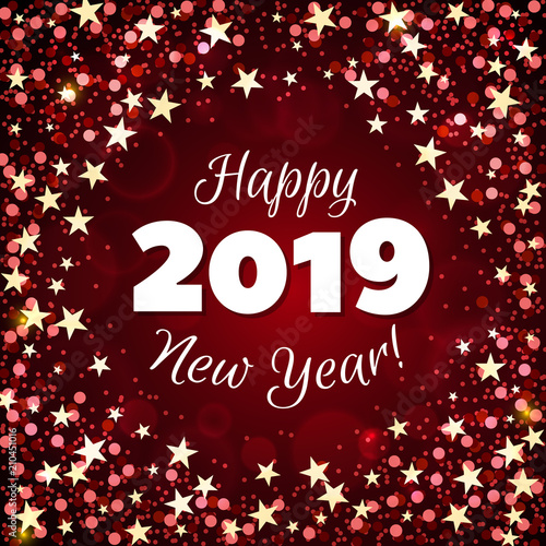 Happy New Year 2019 greeting banner. Festive background with colorful confetti, party popper and sparkles. Vector
