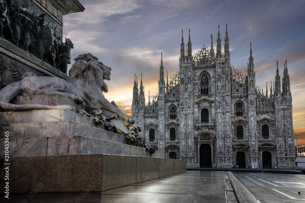 Milan, Italy. Milano Duomo square architecture, Italy. Piazza Duomo, lion sculpture