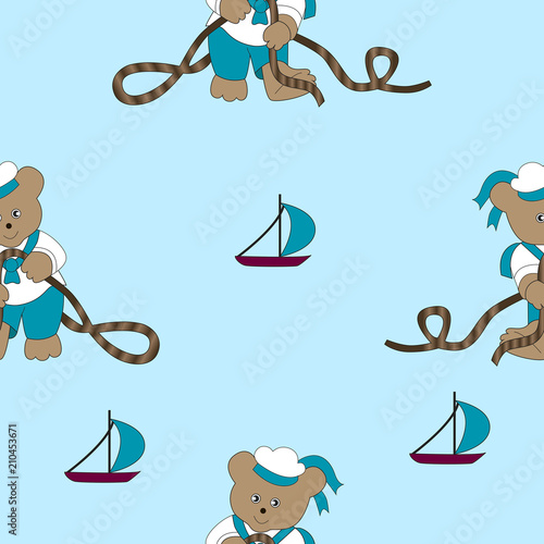 Cheerful cartoon bear sailor tying knots on a rope. Vector seamless illustration for kids.