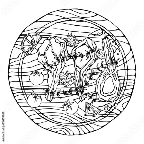 Lamb Ribs Chops with Herbs, Lemon, Tomato, Parsley, Thyme, Pepper. On a Round Wooden Cutting Board. Meat Guide for Butcher Shop or Steak House Restaurant Menu. Hand Drawn Illustration. Doodle Style.