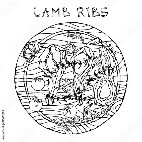 Lamb Ribs Chops with Herbs, Lemon, Tomato, Parsley, Thyme, Pepper. On a Round Wooden Cutting Board. Meat Guide for Butcher Shop or Steak House Restaurant Menu. Hand Drawn Illustration. Doodle Style.