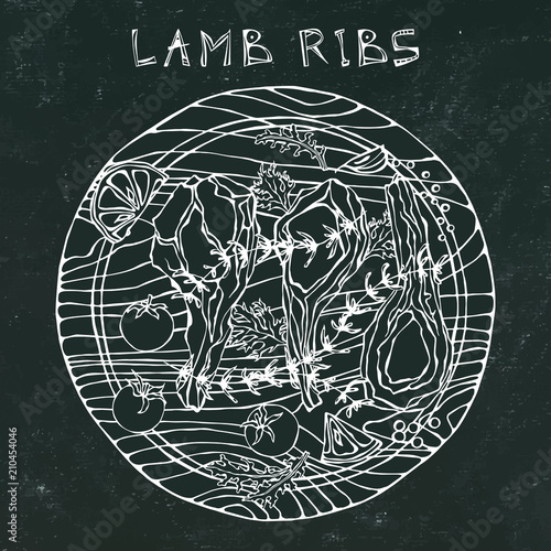Lamb Ribs Chops with Herbs, Lemon, Tomato, Parsley, Thyme, Pepper. On a Round Wooden Cutting Board. Meat Guide for Butcher Shop or Steak House Restaurant Menu. Hand Drawn Illustration. Doodle Style.