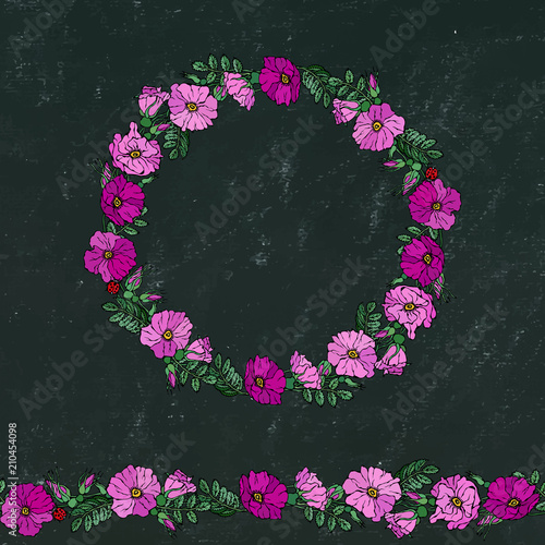 Round Frame and Endless Brush with Wild Roses. Summer Flowers Greeting Card or Wedding Background. Hand Drawn Illustration. Doodle Style. Black Board Background and Chalk. photo