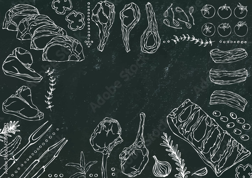 Meat Cuts Assortment - Beef, Pork, Lamb, Steak, Boneless Rump, Ribs Roast, Loin and Rib Chops. Tomato, Olives, Bell Pepper, Onion, Capers, Garlic, Herbs, Fork, Tongs. Black Board Background and Chalk.