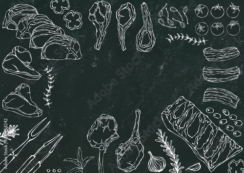 Meat Cuts Assortment - Beef, Pork, Lamb, Steak, Boneless Rump, Ribs Roast, Loin and Rib Chops. Tomato, Olives, Bell Pepper, Onion, Capers, Garlic, Herbs, Fork, Tongs. Black Board Background and Chalk.