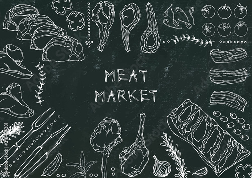 Meat Market. Meat Cuts - Beef, Pork, Lamb, Steak, Boneless Rump, Ribs Roast, Loin and Rib Chops. Tomato, Olives, Bell Pepper, Onion,Garlic, Herbs, Fork, Tongs. Black Board Background and Chalk.