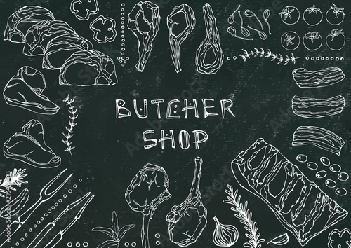 Butcher Shop. Meat Cuts - Beef, Pork, Lamb, Steak, Boneless Rump, Ribs Roast, Loin and Rib Chops. Tomato, Olives, Bell Pepper, Onion,Garlic, Herbs, Fork, Tongs. Black Board Background and Chalk.