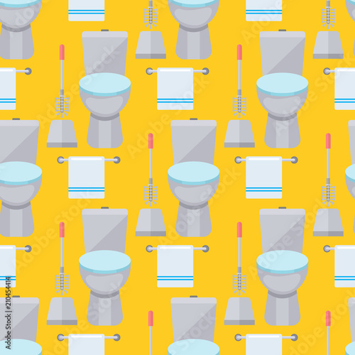 Bath equipment toilet bowl clean bathroom flat style illustration hygiene design seamless pattern background.