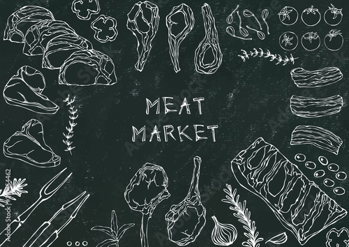 Meat Market. Meat Cuts - Beef, Pork, Lamb, Steak, Boneless Rump, Ribs Roast, Loin and Rib Chops. Tomato, Olives, Bell Pepper, Onion,Garlic, Herbs, Fork, Tongs. Black Board Background and Chalk.