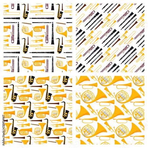 Wind musical instruments tools acoustic musician equipment orchestra seamless pattern background vector illustration