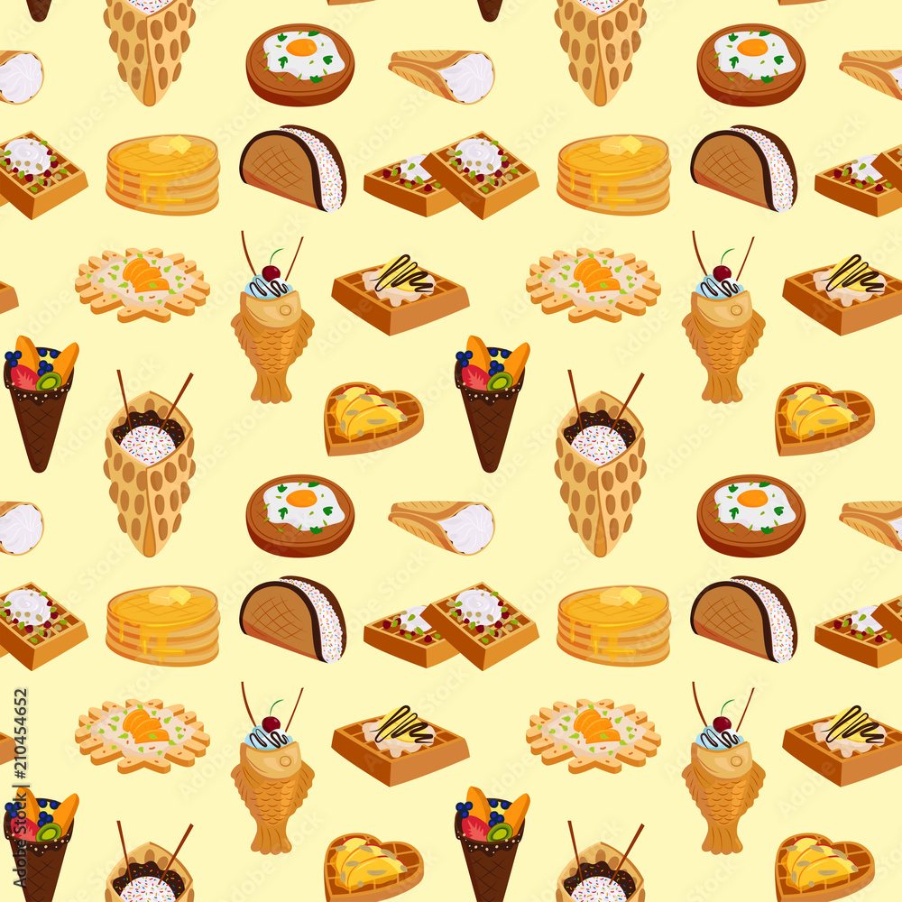 Wafer cookies seamless pattern background waffle cakes pastry cookie biscuit delicious snack cream dessert crispy bakery food vector illustration