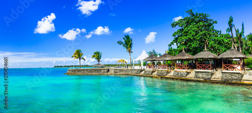 Luxury vacation in tropical resort. Mauritius island. Beachside restaurant