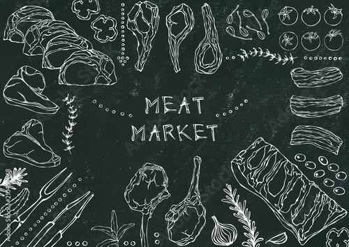 Meat Market. Meat Cuts - Beef, Pork, Lamb, Steak, Boneless Rump, Ribs Roast, Loin and Rib Chops. Tomato, Olives, Bell Pepper, Onion,Garlic, Herbs, Fork, Tongs. Black Board Background and Chalk.