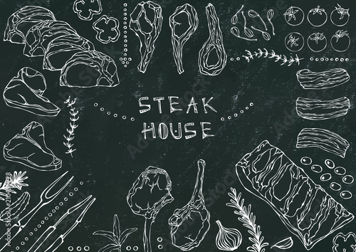 Steak House. Meat Cuts - Beef, Pork, Lamb, Steak, Boneless Rump, Ribs Roast, Loin and Rib Chops. Tomato, Olives, Bell Pepper, Onion,Garlic, Herbs, Fork, Tongs. Black Board Background and Chalk.