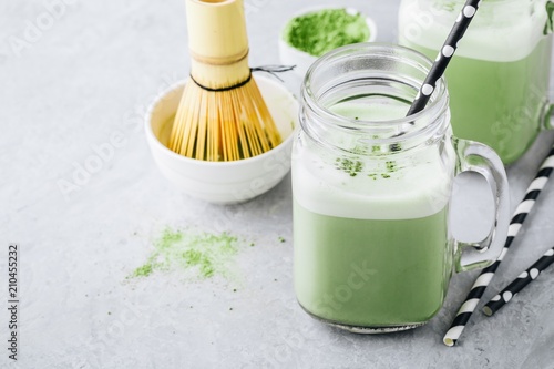 Vanilla Green Tea Matcha Latte in mason jar photo