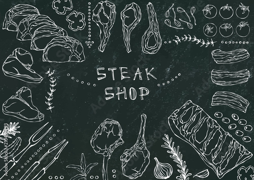 Steak Shop. Meat Cuts - Beef, Pork, Lamb, Steak, Boneless Rump, Ribs Roast, Loin and Rib Chops. Tomato, Olives, Bell Pepper, Onion,Garlic, Herbs, Fork, Tongs. Black Board Background and Chalk.