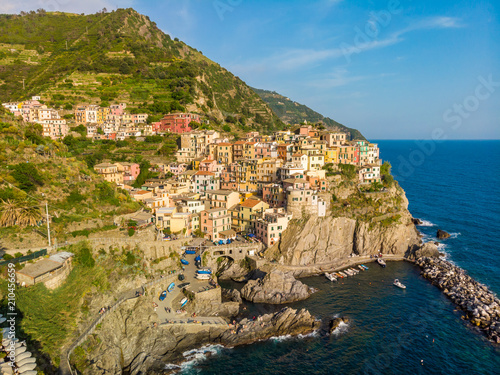 Fototapeta Naklejka Na Ścianę i Meble -  Manarola - Village of Cinque Terre National Park at Coast of Italy. Province of La Spezia, Liguria, in the north of Italy - Aerial View - Travel destination and attractions in Europe.
