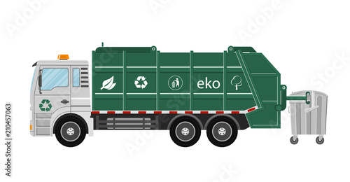 Vector illustration. Green garbage truck with metal garbage can .