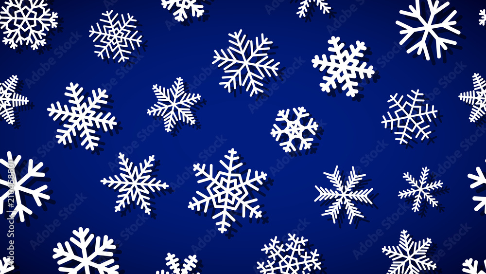 Christmas background of snowflakes of different shapes and sizes with shadows. White on dark blue. Christmas background of snowflakes of different shapes and sizes with shadows. White on dark blue.