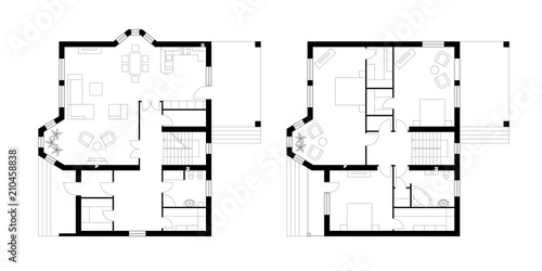 Architectural plan of a two-storey manor house with a terrace. The layout of an individual two-storey house with three bedrooms, kitchen, living room, two bathrooms, dressing rooms and pantries. photo