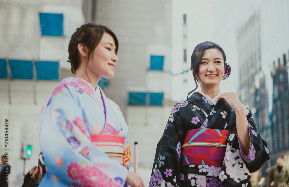 Two japanese girls wearing kimonos traditional clothes, lifestyle moments Two japanese girls wearing kimonos traditional clothes, lifestyle moments