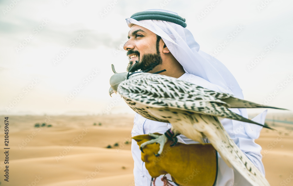 Fototapeta premium Arabski mężczyzna w tradycyjnych emirackich strojach spacerujący po pustyni ze swoim sokołem