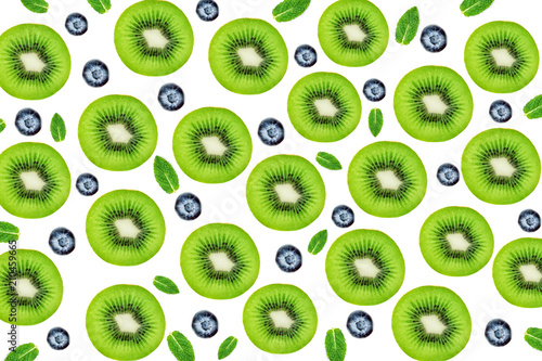 Colorful fruit pattern of fresh  Kiwi fruits and blueberries. .Flat lay.