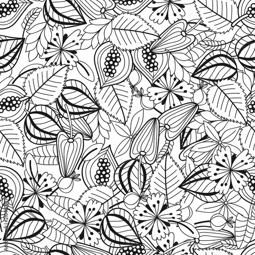 Leaves and flowers. Black and white illustration for coloring book. Seamless pattern.