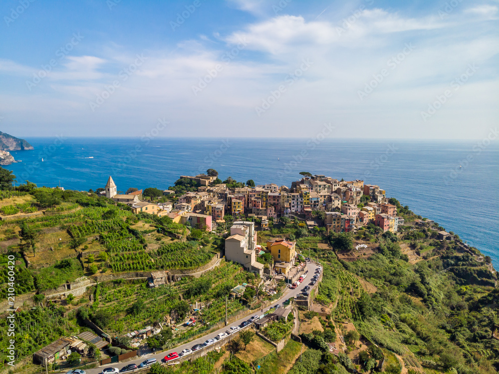 Corniglia - Village of Cinque Terre National Park at Coast of Italy. Province of La Spezia, Liguria, in the north of Italy - Aerial View - Travel destination and attractions in Europe.