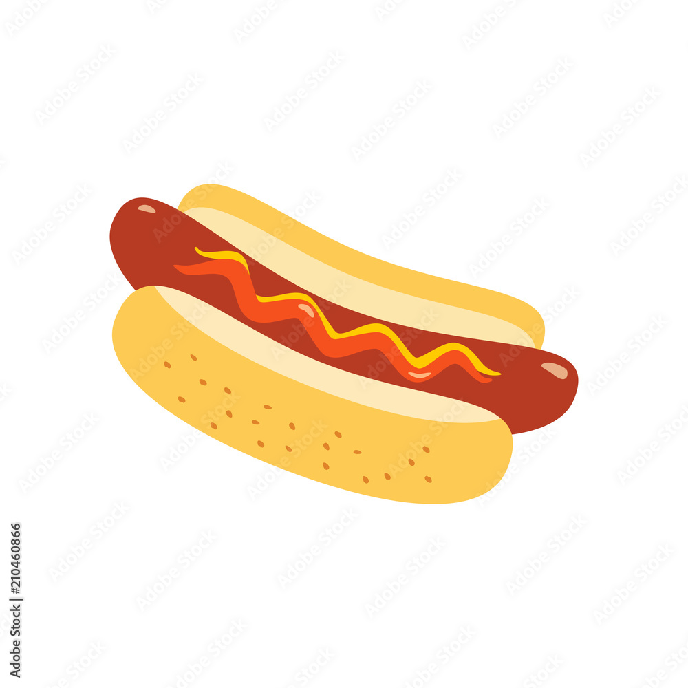 Hot dog in bun icon. Cute colorful cartoon. Cooked sausage, mustard, ketchup. Wiener frankfurther American food symbol. National holiday celebration advertisement background. Vector illustration Hot dog in bun icon. Cute colorful cartoon. Cooked sausage, mustard, ketchup. Wiener frankfurther American food symbol. National holiday celebration advertisement background. Vector illustration