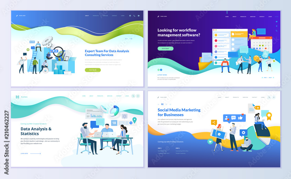 Set of web page design templates for data analysis, management app, consulting, social media marketing. Modern vector illustration concepts for website and mobile website development.  - obrazy, fototapety, plakaty 