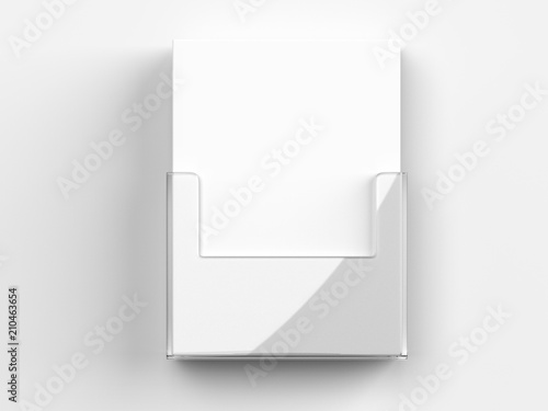 Acrylic Wall Mount Brochure Holder With Blank White Brochures. 3d render illustration. photo