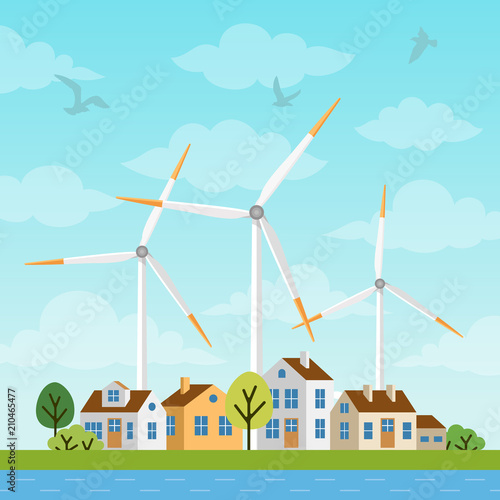 Landscape with small houses and windmills on a background of sky and clowds. Wind generator turbines produce eco renewable energy in nature. Alternative sources of energy.