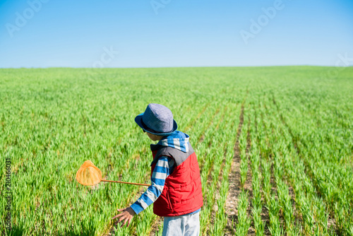 Little boy with a butterfly net in hand runs across the green field. photo