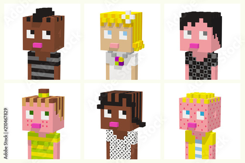 A set of kids caricature characters,user profile,children different nationalities.3D cubes pixel art,digital game style. Isometric people vector 