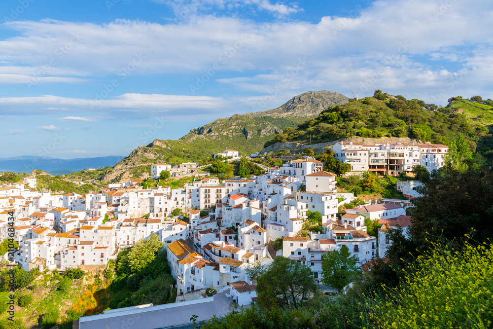 View of Casares mountain village with white houses at early morning, Andalusia, Spain