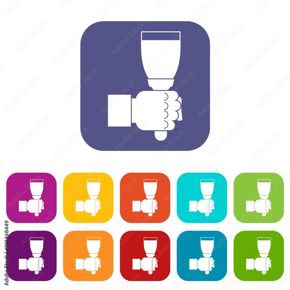 Hand hjlding paint brush icons set vector illustration in flat style In colors red, blue, green and other Hand hjlding paint brush icons set vector illustration in flat style In colors red, blue, green and other