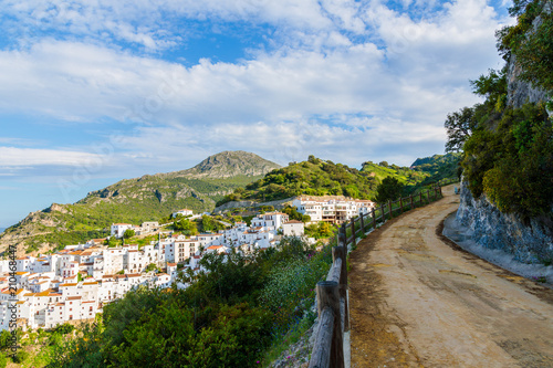 View of Casares mountain village with white houses at early morning, Andalusia, Spain