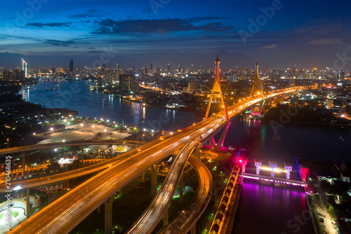 Bangkok Expressway top view, Top view over the highway,expressway and motorway at night, Aerial view interchange of a city, Expressway is an important infrastructure in Thailand