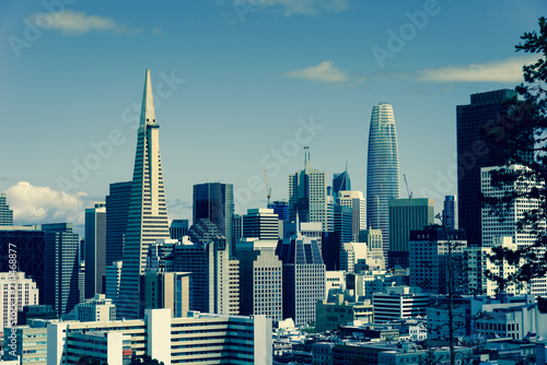 skyline of san franscisco, cityscape of san francisco down town. cold color processed.