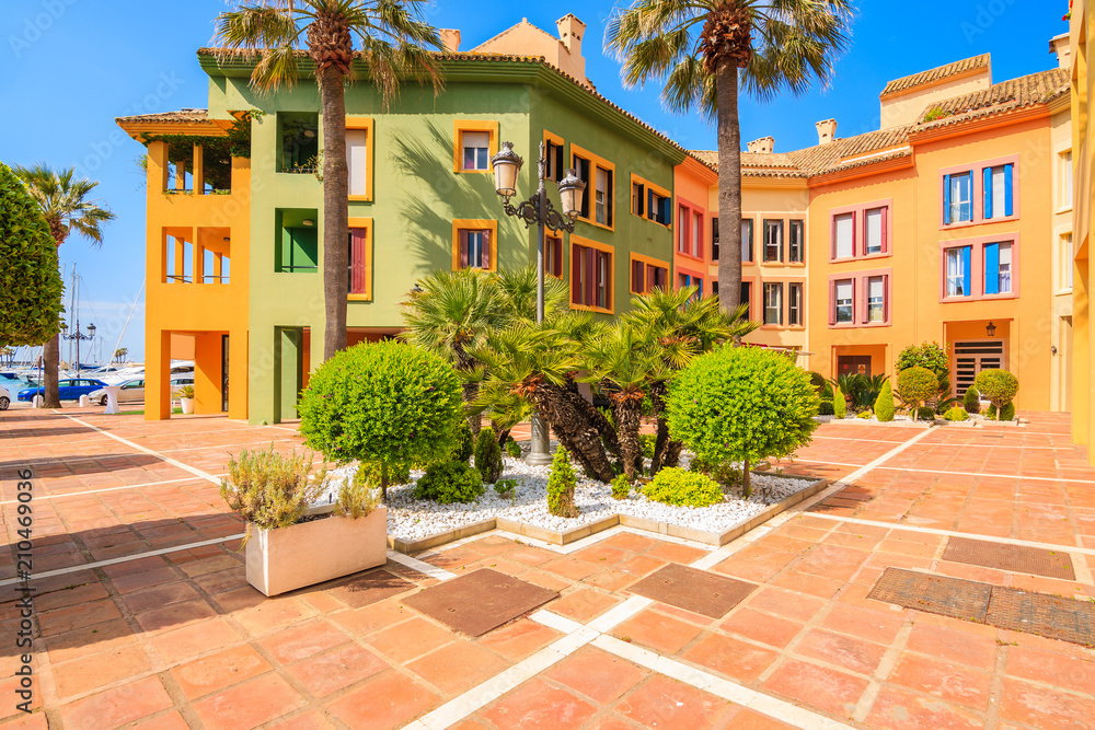 Beautiful colorful houses and apartments in Sotogrande yacht port, Costa del Sol, Spain