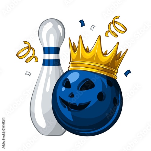 Vector illustration of bowling skittle and halloween blue bowling ball with face in golden crown, isolated on white background. Halloween. Winner. Champion 1.1