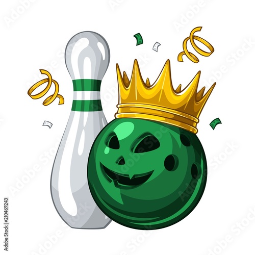 Vector illustration of bowling skittle and halloween green bowling ball with face in golden crown, isolated on white background. Halloween. Winner. Champion 1.1