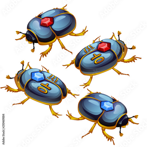 A set of figures of beetles scarabs with Golden feet and encrusted with precious stones isolated on a white background. Vector illustration.