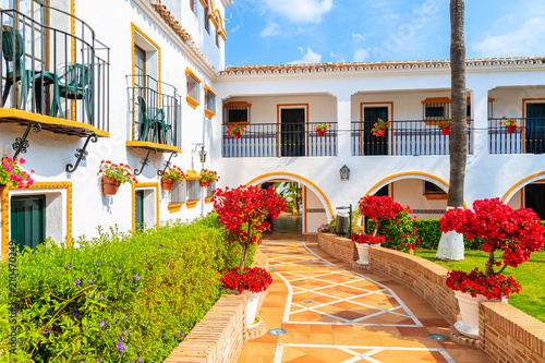 Narrow street with typical white houses and red flowers in small village near Marbella. Andalusia, Spain